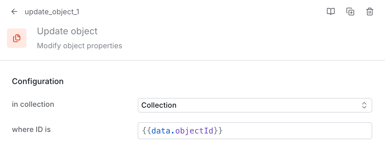 Configuring collection and object ID for the update object step.